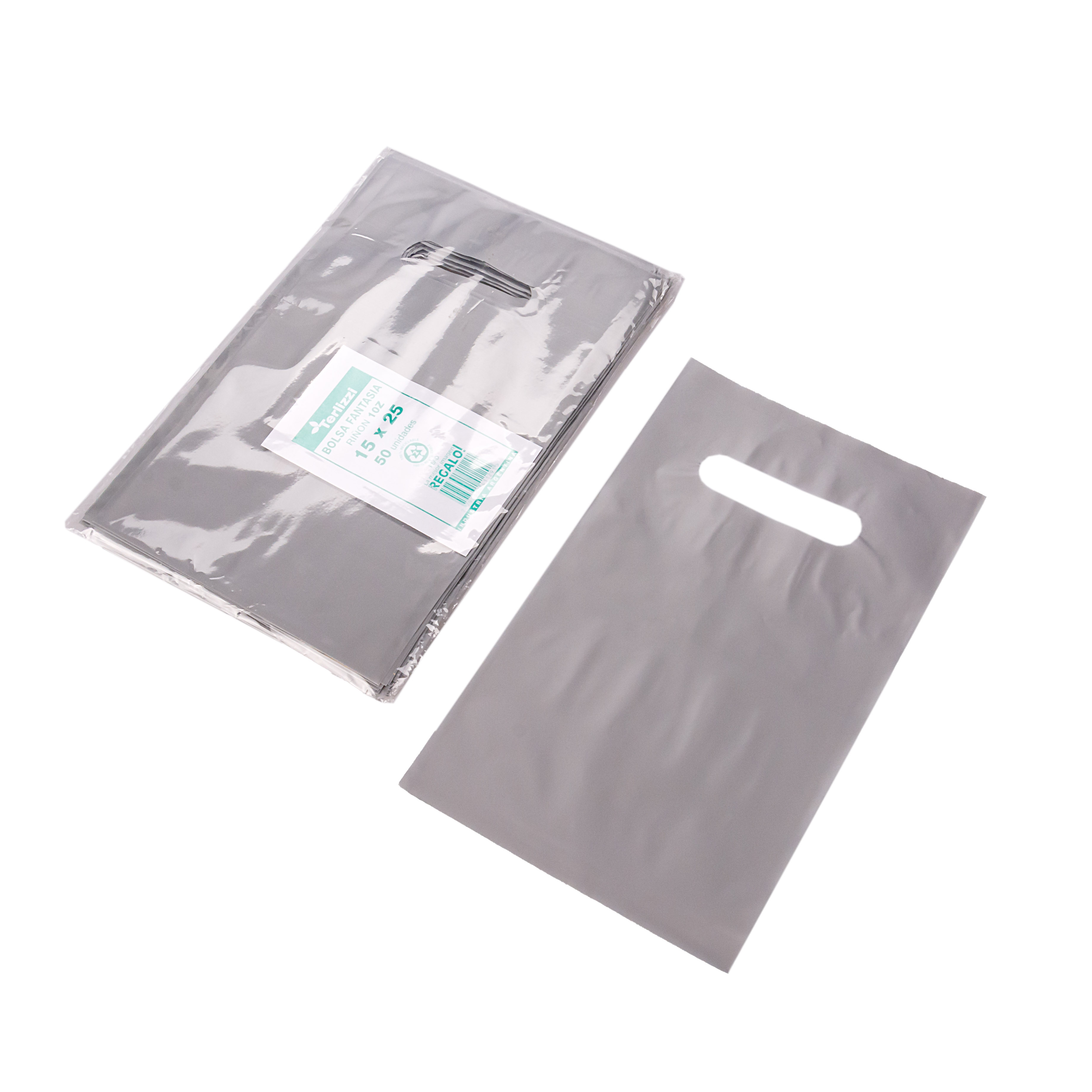 BOLSAS RIÑON LISAS TERLIZZI 15*25CM PLATA REFORZADAS (60MIC) PAQ.*50UNID
