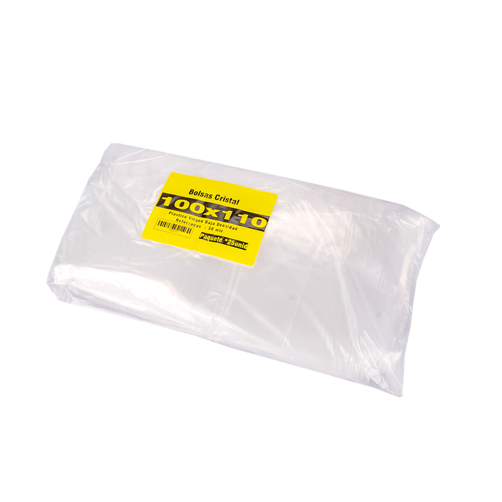 BOLSAS PLASTICAS mE PE CRISTAL (B/D - 40MIC - C/FUELLE) 100X110CM *25UNID