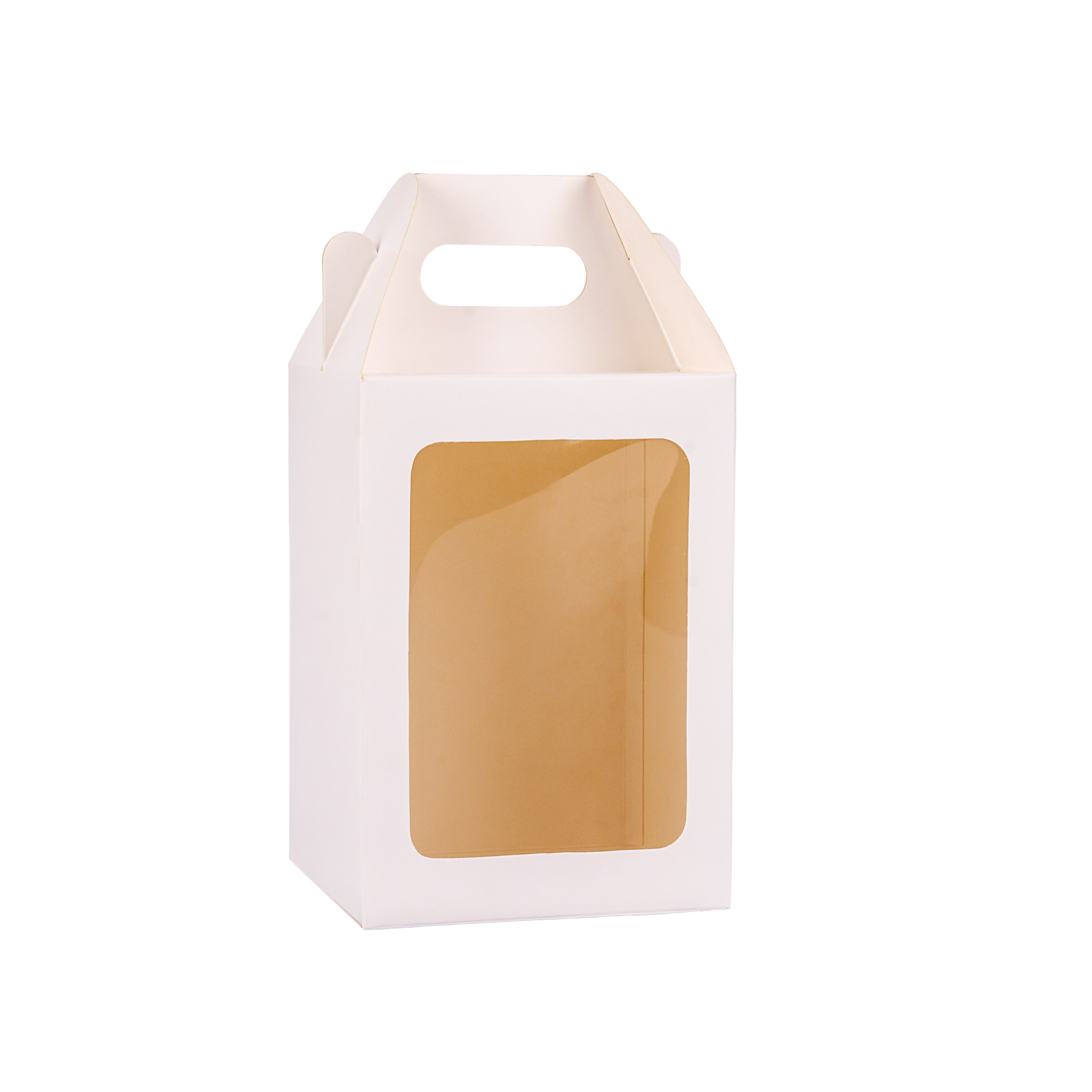 CAJA CARTULINA BLANCA PAN DULCE .1/2KG (12X12X17CM C/MANIJA Y VISOR) mE *25UNID