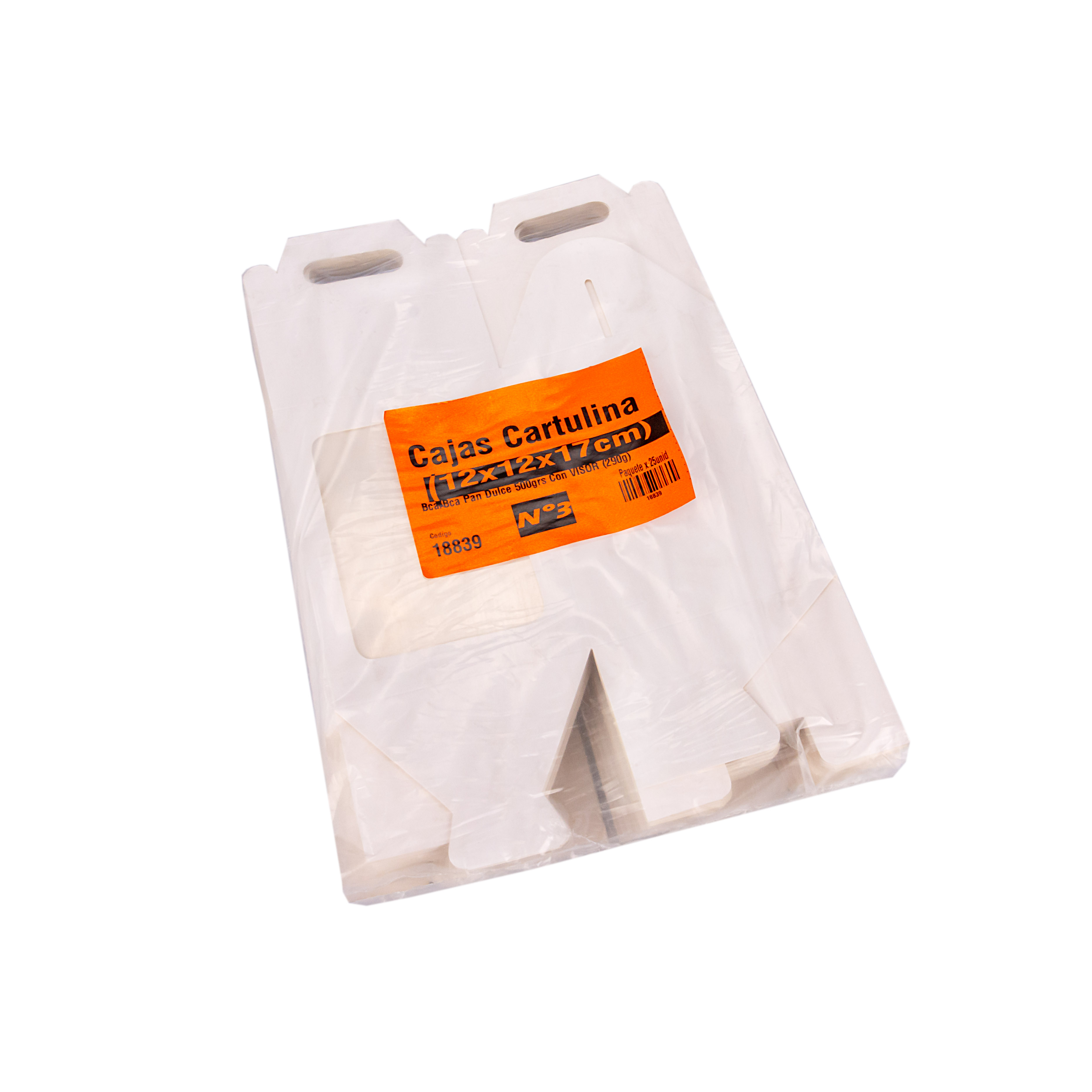 CAJA CARTULINA BLANCA PAN DULCE .1/2KG (12X12X17CM C/MANIJA Y VISOR) mE *25UNID