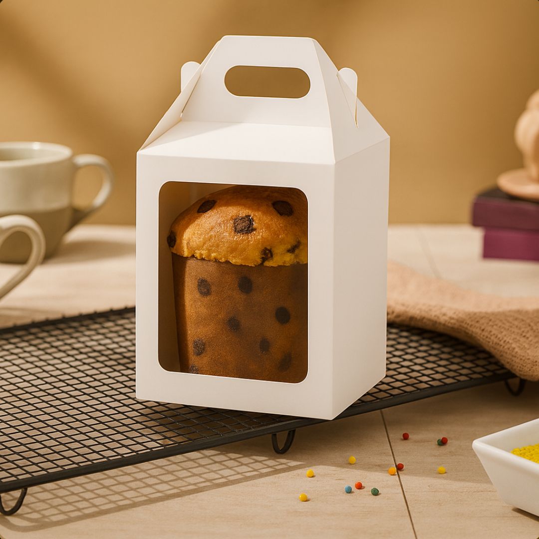 CAJA CARTULINA BLANCA PAN DULCE .3/4KG-1KG (15X15X19CM C/MANIJA Y VISOR) mE *25UNID