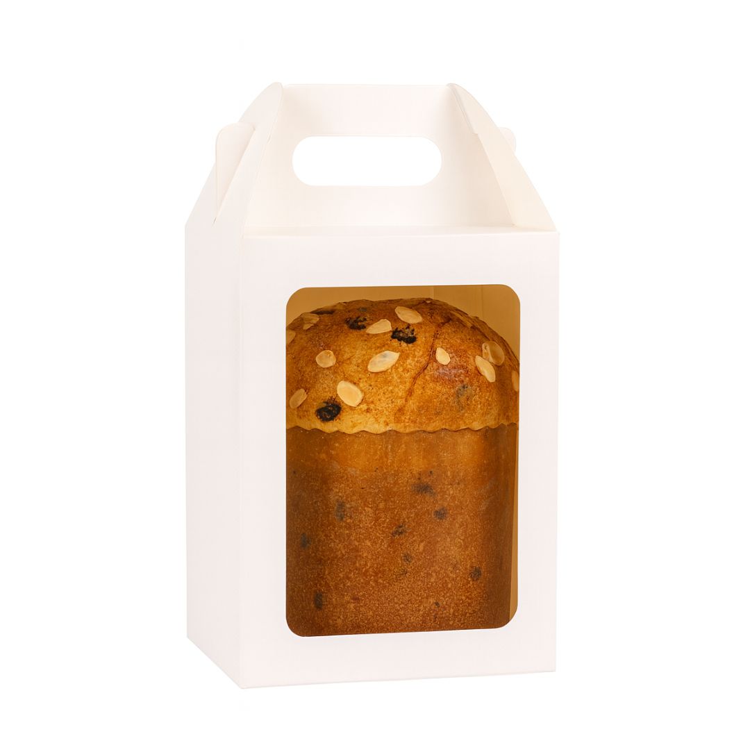 CAJA CARTULINA BLANCA PAN DULCE .3/4KG-1KG (15X15X19CM C/MANIJA Y VISOR) mE *25UNID
