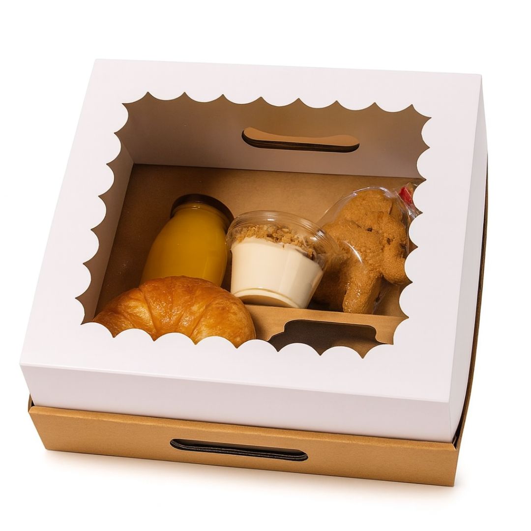 CAJA DESAYUNO MEDORO BLANCA/MARRON CON VISOR.(30*30*12CM) (CMC30010) *10UNID