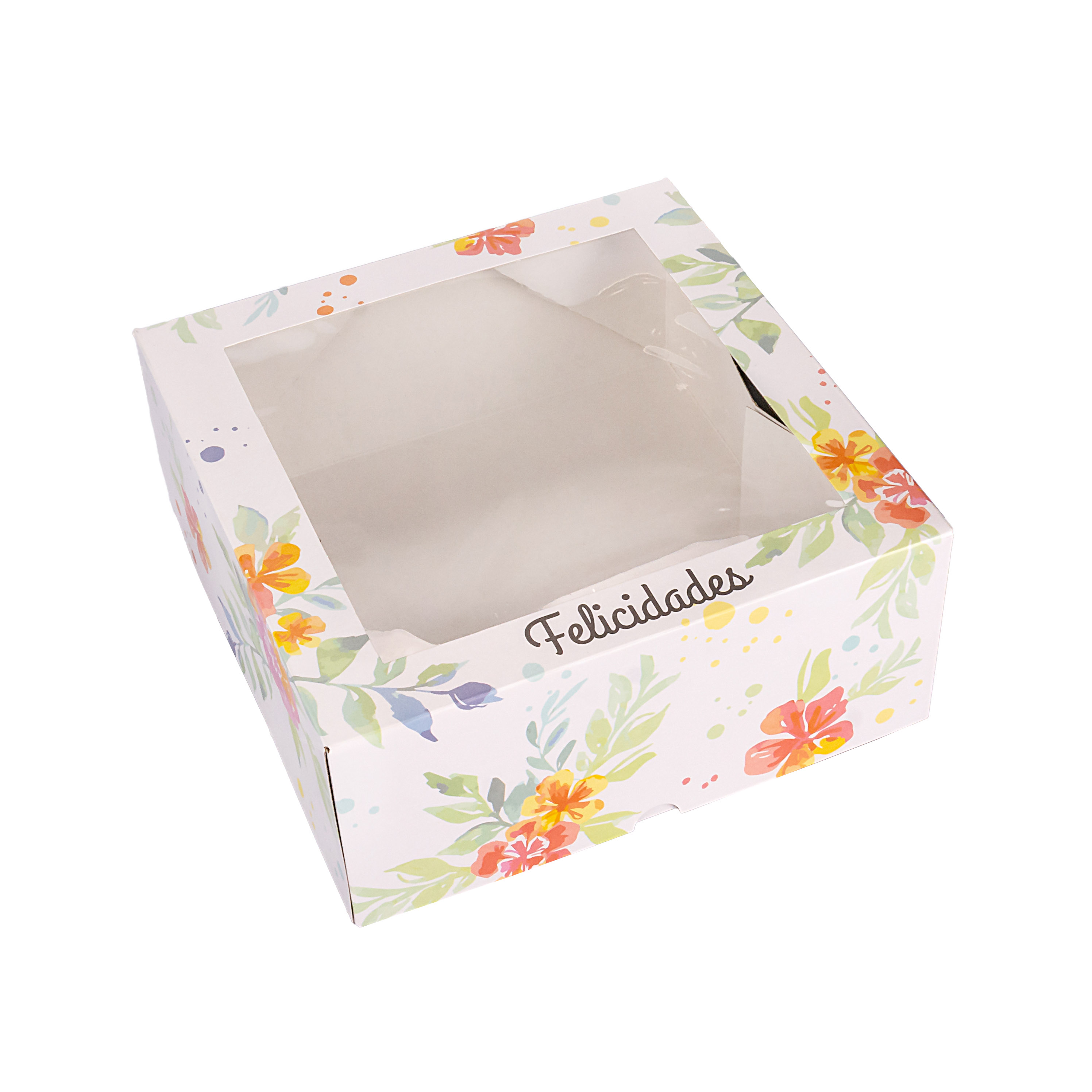 CAJA CARTULINA MEDORO TORTA FELICIDADES C/VISOR (25*25*10CM) *25UNID