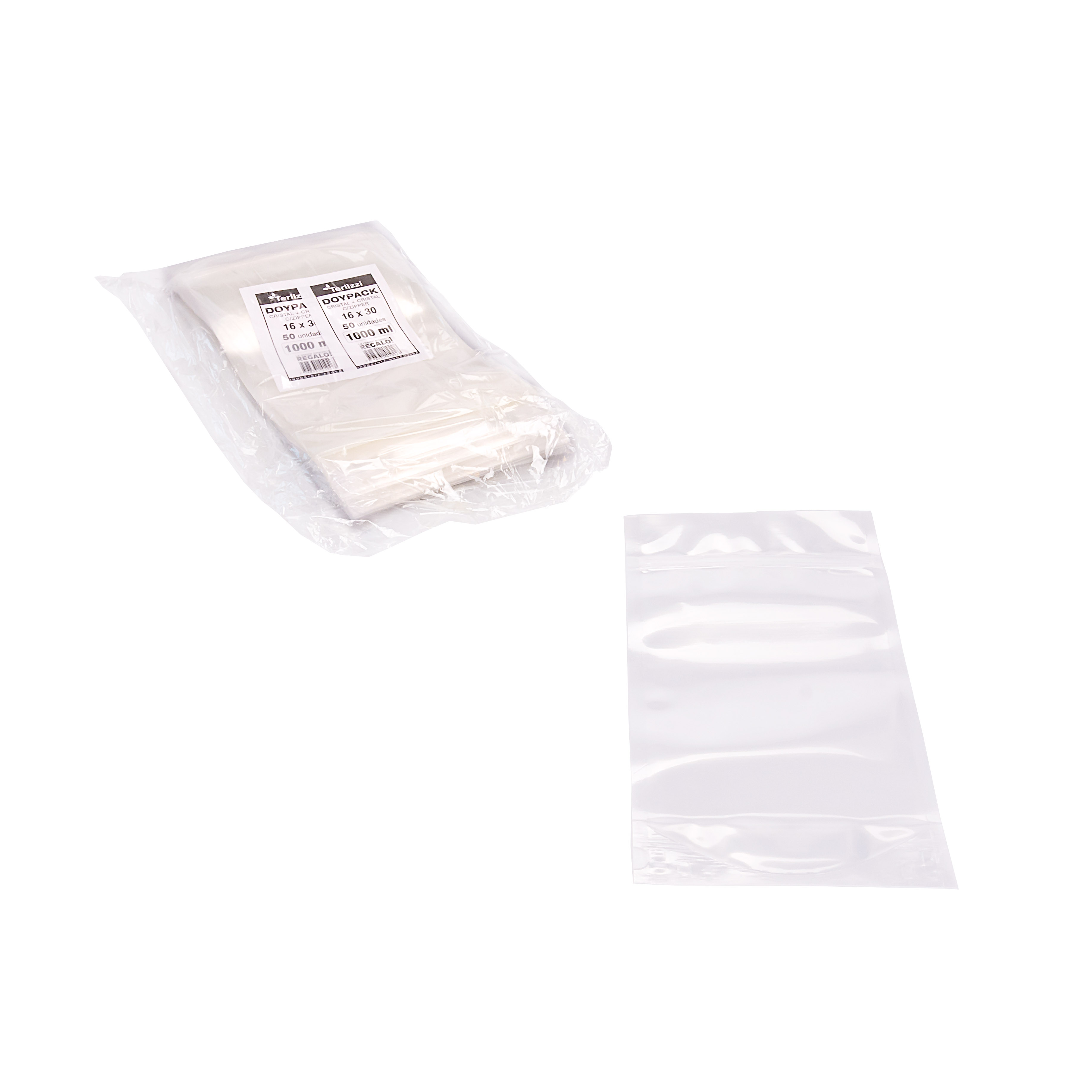 BOLSAS DOYPACK CRISTAL.1000ML CON ZIPPER 16*30CM (95MIC) *50UNID