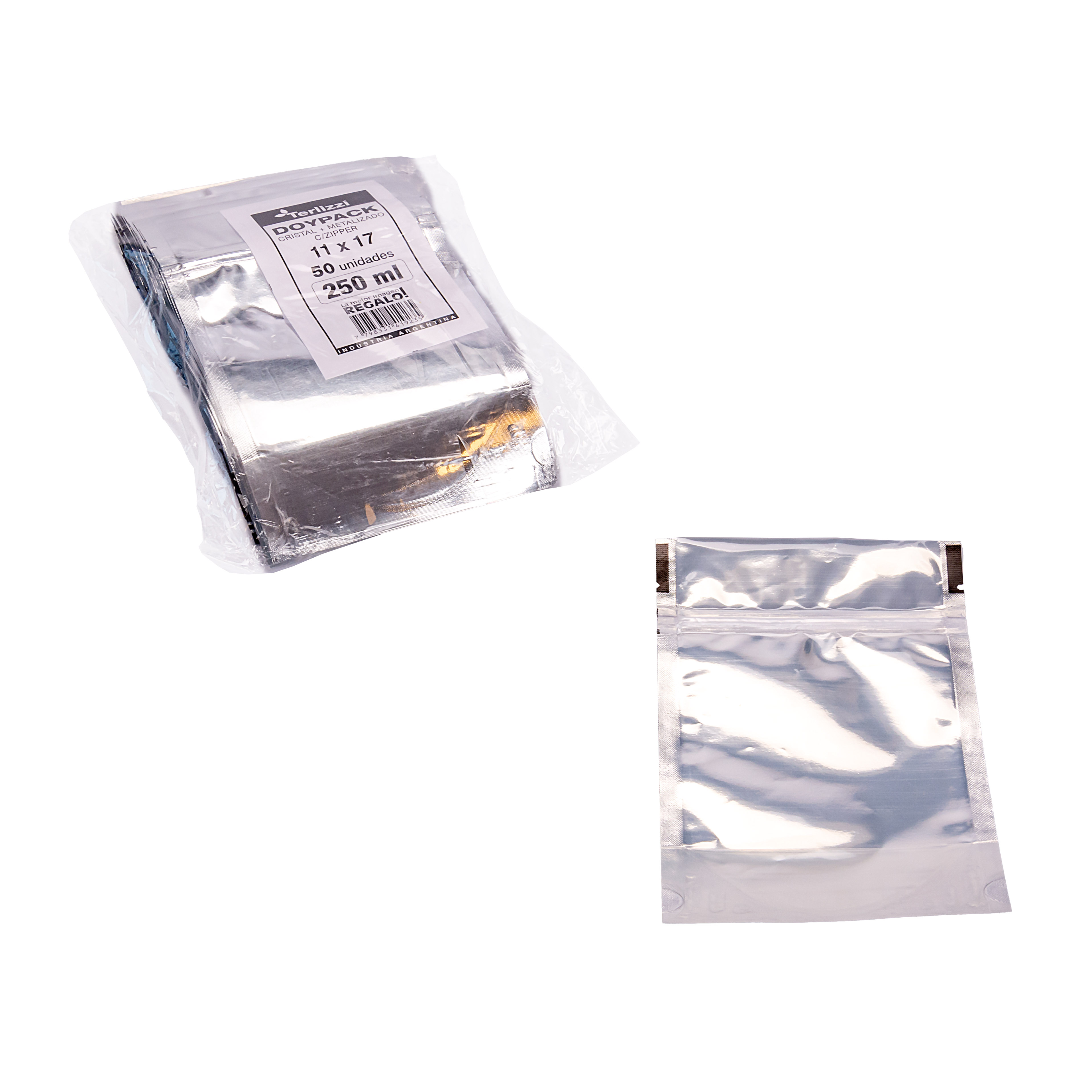 BOLSAS DOYPACK METALIZADAS 250ML C/VENTANA Y ZIPPER 11*17CM (80MIC) *50UNID