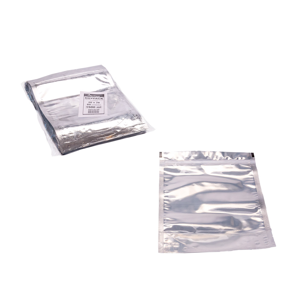 BOLSAS DOYPACK METALIZADAS.1500ML C/VENTANA Y ZIPPER 20*28CM (80MIC) *50UNID