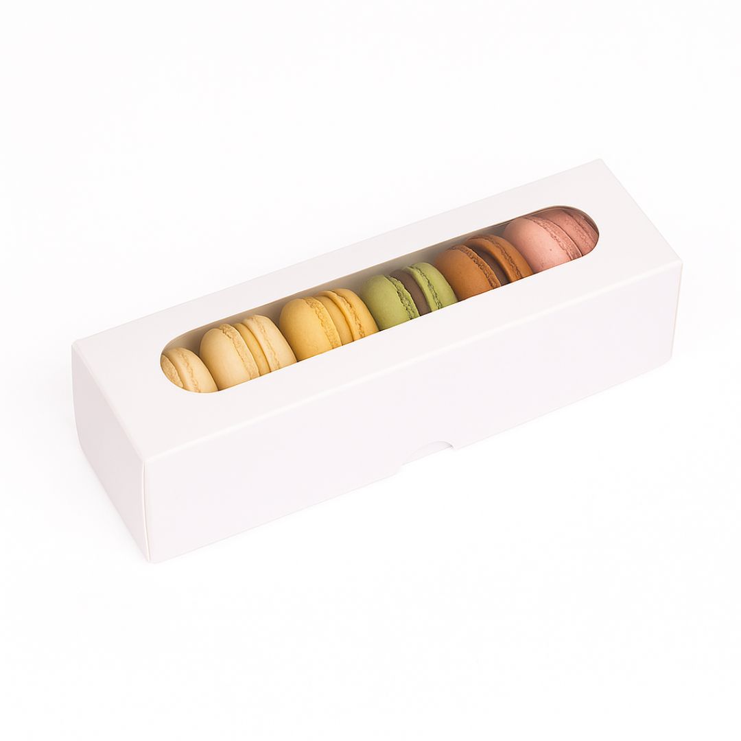 CAJA CARTULINA BLANCA 5/6 MACARONS (20X5X5CM C/VISOR) mE *25UNID