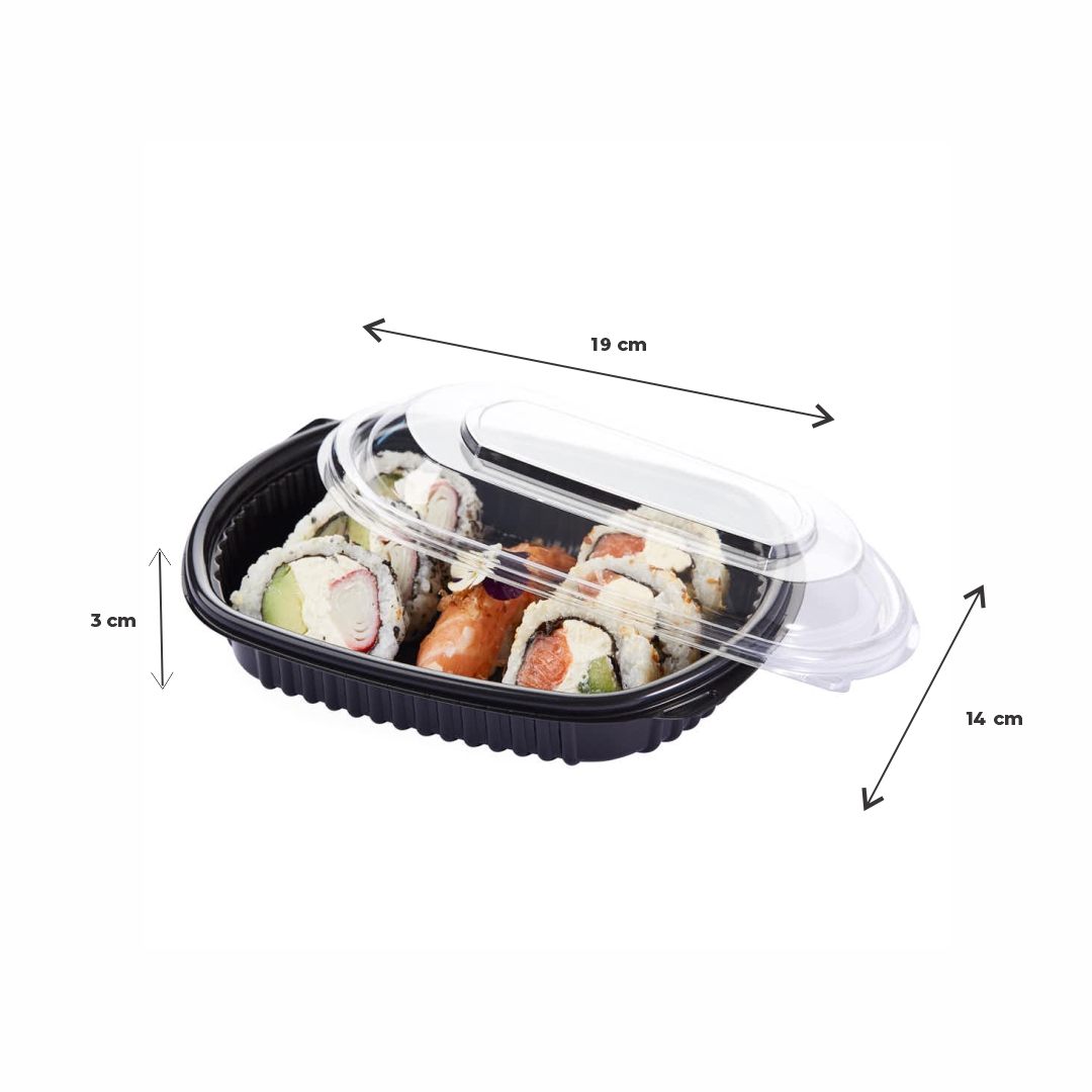 BANDEJA PET NEGRA COTNYL &#039;SUSHI&#039; C/TAPA CRISTAL (14*19*3CM) (PE475K NE) *50UNID