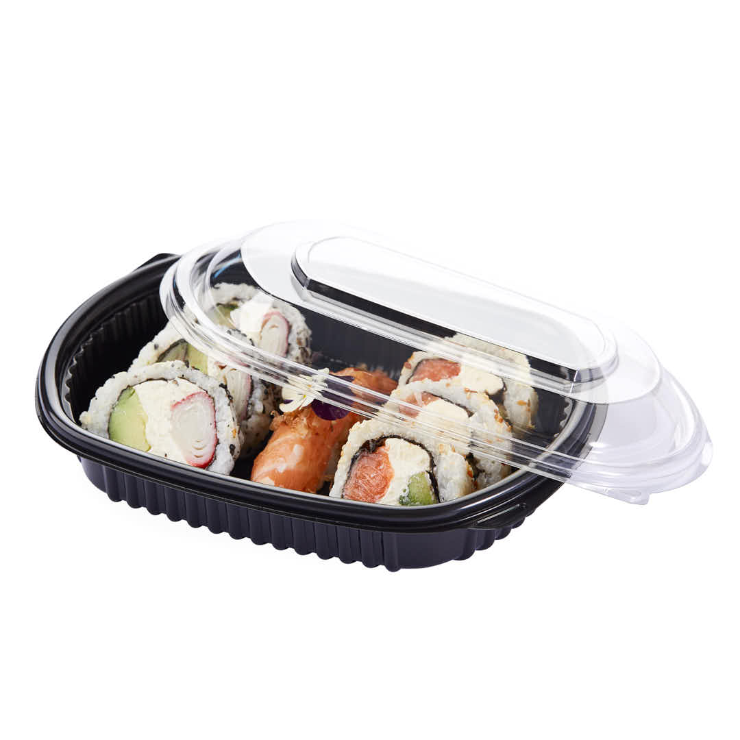 BANDEJA PET NEGRA COTNYL &#039;SUSHI&#039; C/TAPA CRISTAL (14*19*3CM) (PE475K NE) *50UNID