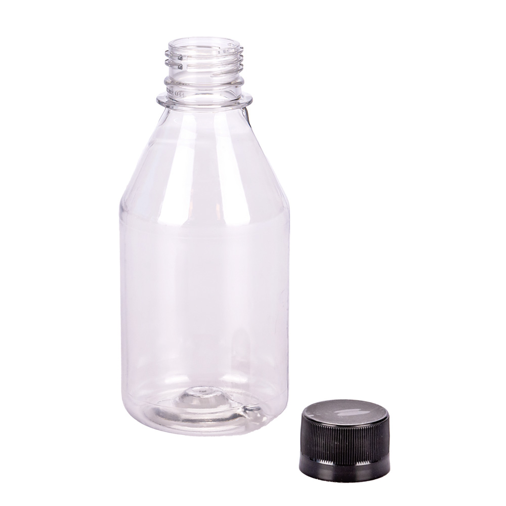 BOTELLA PLASTICO CRISTAL LABORATORIO 250CC (28GRS) (CON TAPA) *50UNID