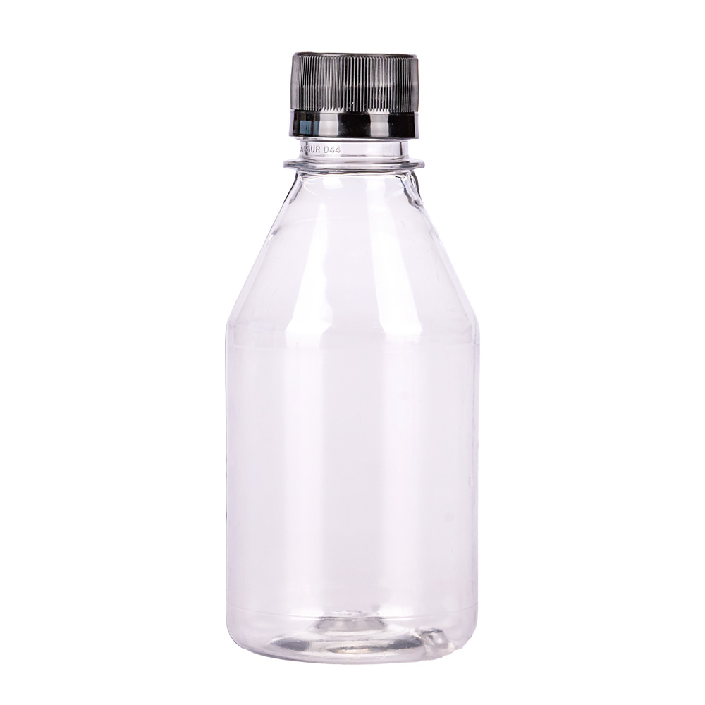 BOTELLA PLASTICO CRISTAL LABORATORIO 250CC (28GRS) (CON TAPA) *50UNID
