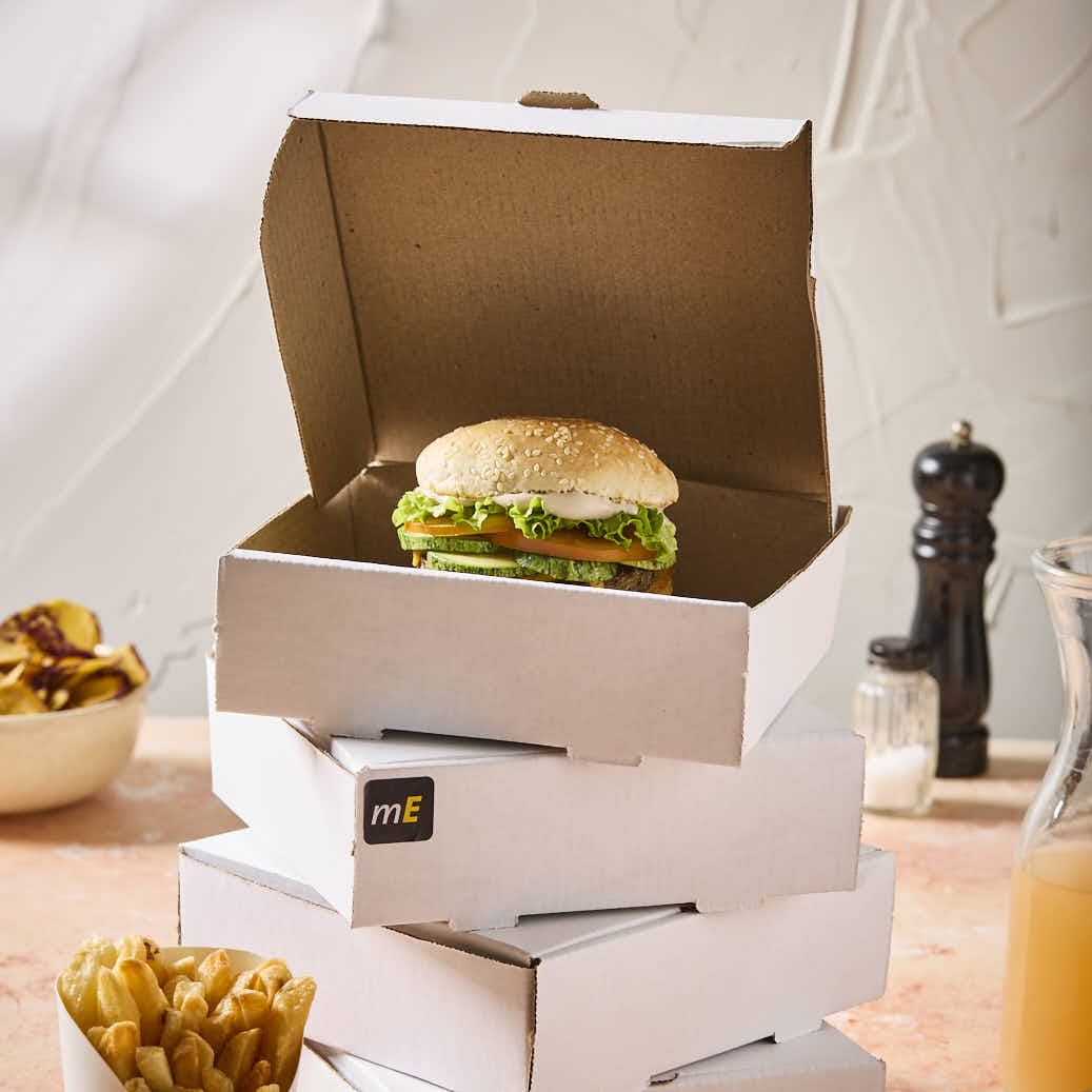 CAJA MICRO CARTON BLANCO/MARRON (18.5*18.5*5.5CM) (HAMBURGUESA) *100UNID.
