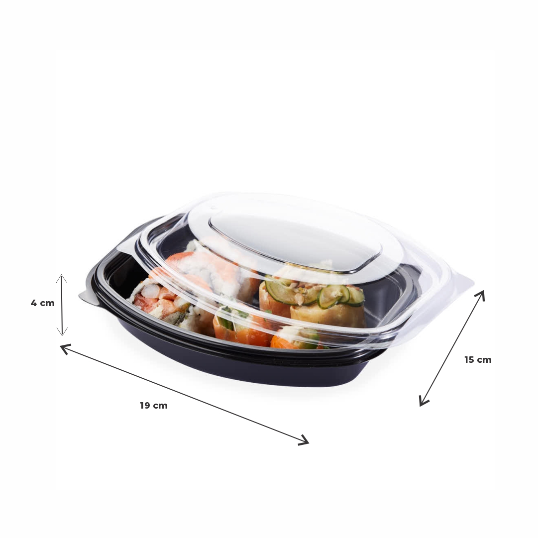 BANDEJA PET BANDEX NEGRA SUSHI C/TAPA PP CRISTAL (15*19*4CM) (105153BYT) *50UNID