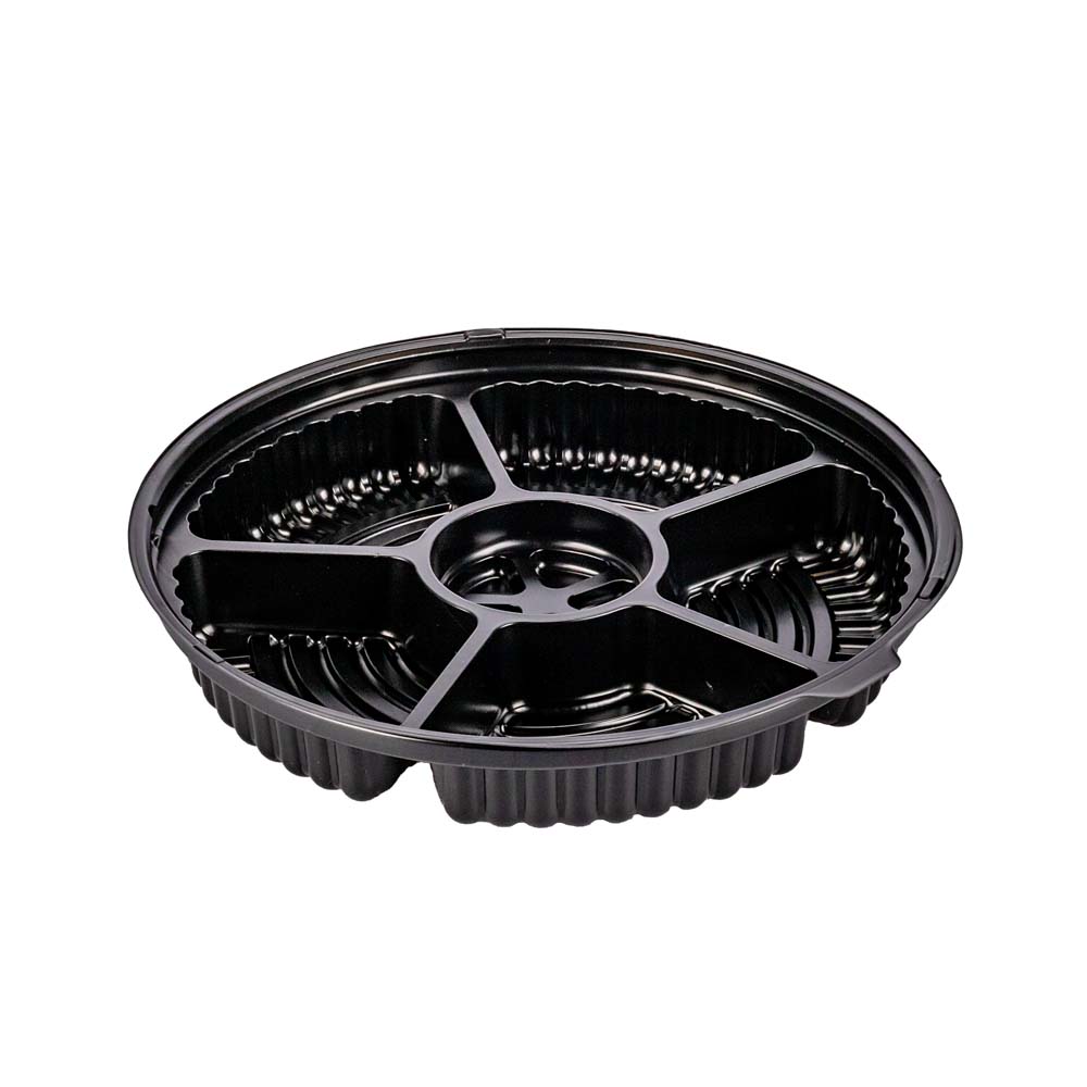 BANDEJA CON 5 DIVISIONES BASE NEGRA TAPA CRISTAL (26CM DIAM.*4.5CM ALTO) *10UNID.