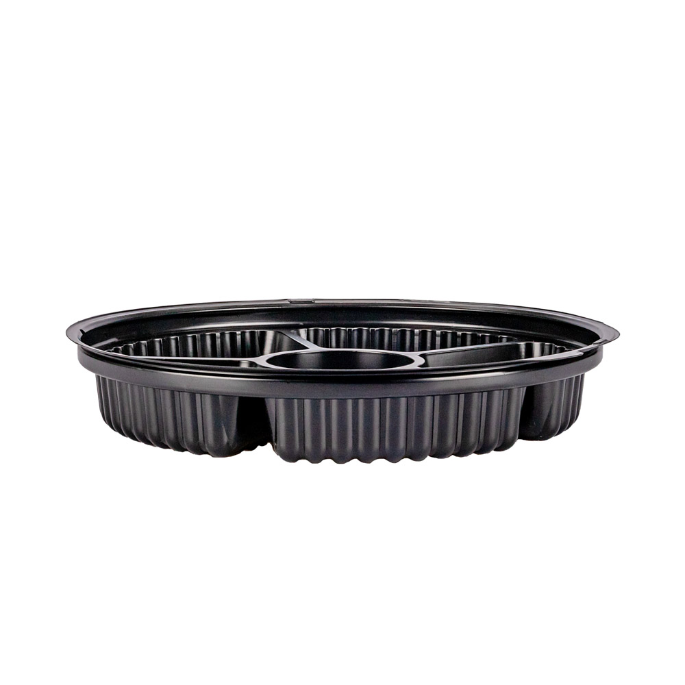 BANDEJA CON 5 DIVISIONES BASE NEGRA TAPA CRISTAL (26CM DIAM.*4.5CM ALTO) *10UNID.