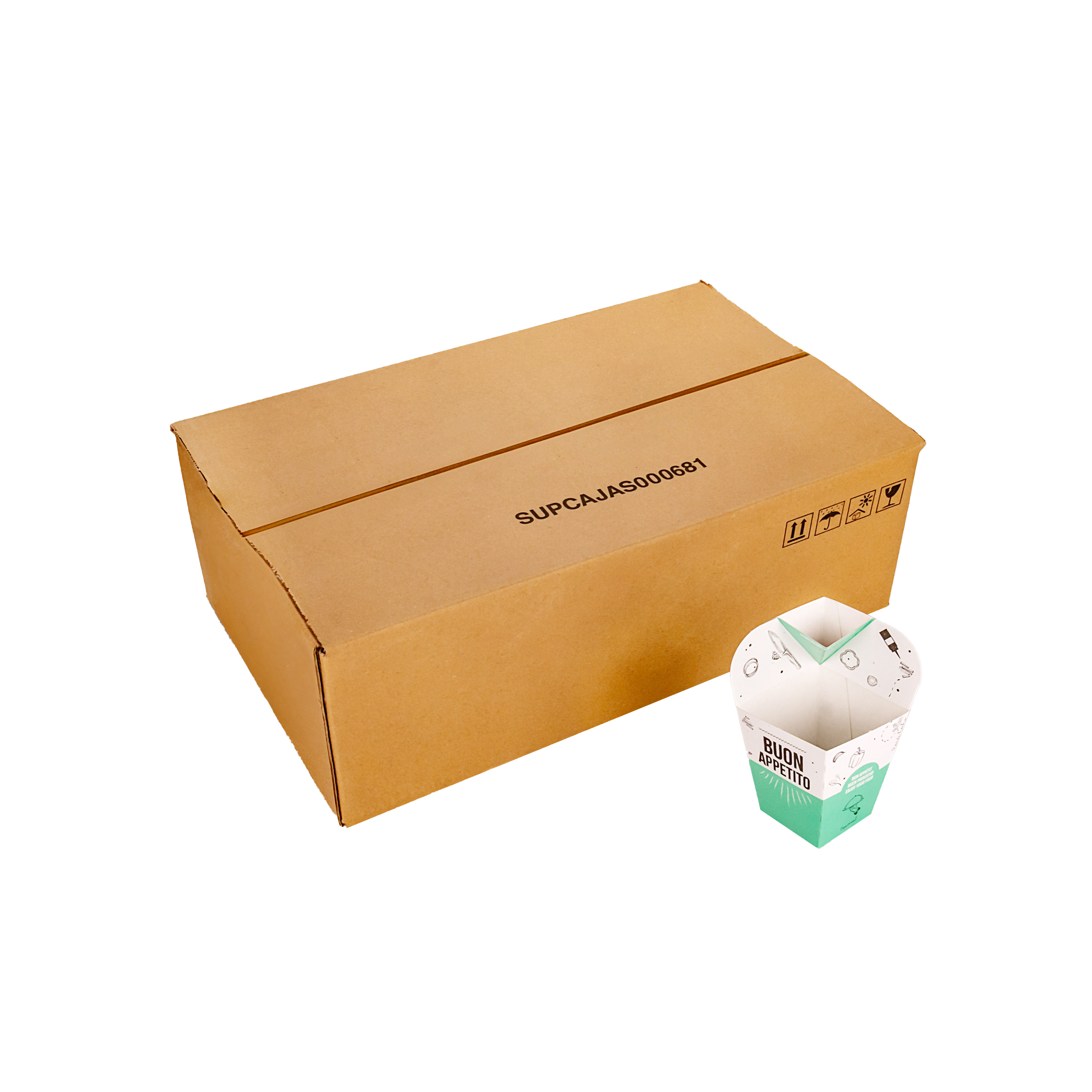 CAJA DELIVERY BIOHZ PAPAS FRITAS CONTENEDOR IMPRESO C/DIPPER (15*7.5*9.5CM) *375UNID