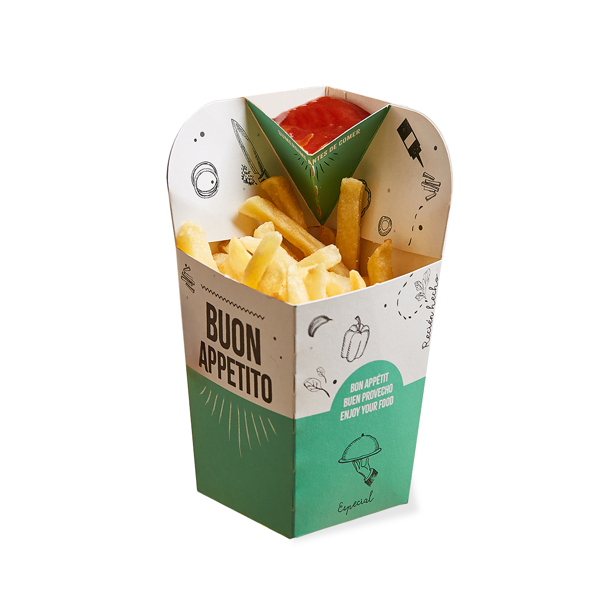 CAJA DELIVERY BIOHZ PAPAS FRITAS CONTENEDOR IMPRESO C/DIPPER (15*7.5*9.5CM) *375UNID