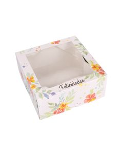 CAJA CARTULINA MEDORO TORTA FELICIDADES C/VISOR (25*25*10CM) *25UNID