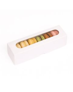 CAJA CARTULINA BLANCA 5/6 MACARONS (20X5X5CM C/VISOR) mE *25UNID